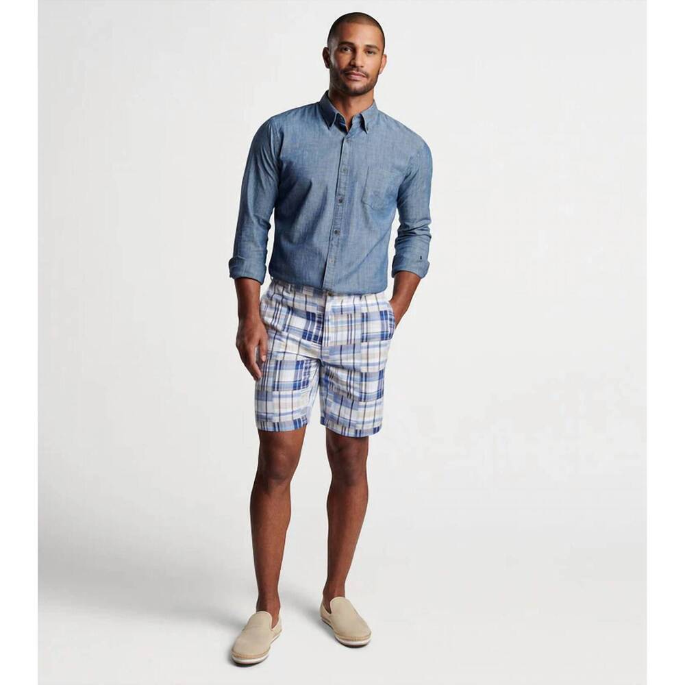 NEW PETER MILLAR cabana madras cotton shorts in navy